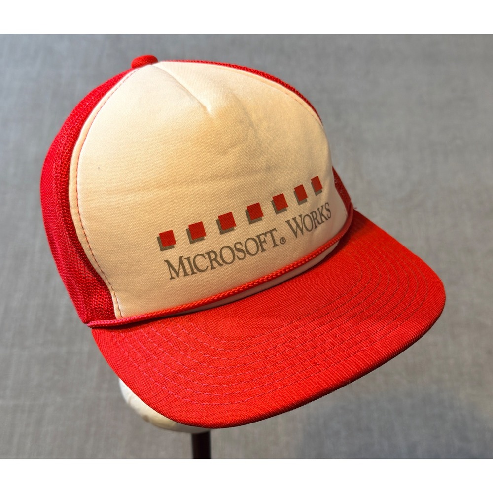 Vintage Microsoft Works Snapback Trucker Hat Red‎ Cream Adult One Size Hanes